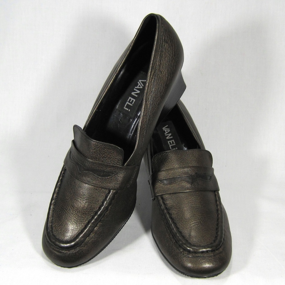 Vaneli Olive Leather Wedge Penny Loafers Size: 9M